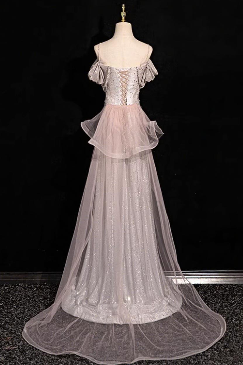 Shiny Prom Dress A Line Spaghetti Straps Tulle Birthday Party Outfits Evening Gown    D3312