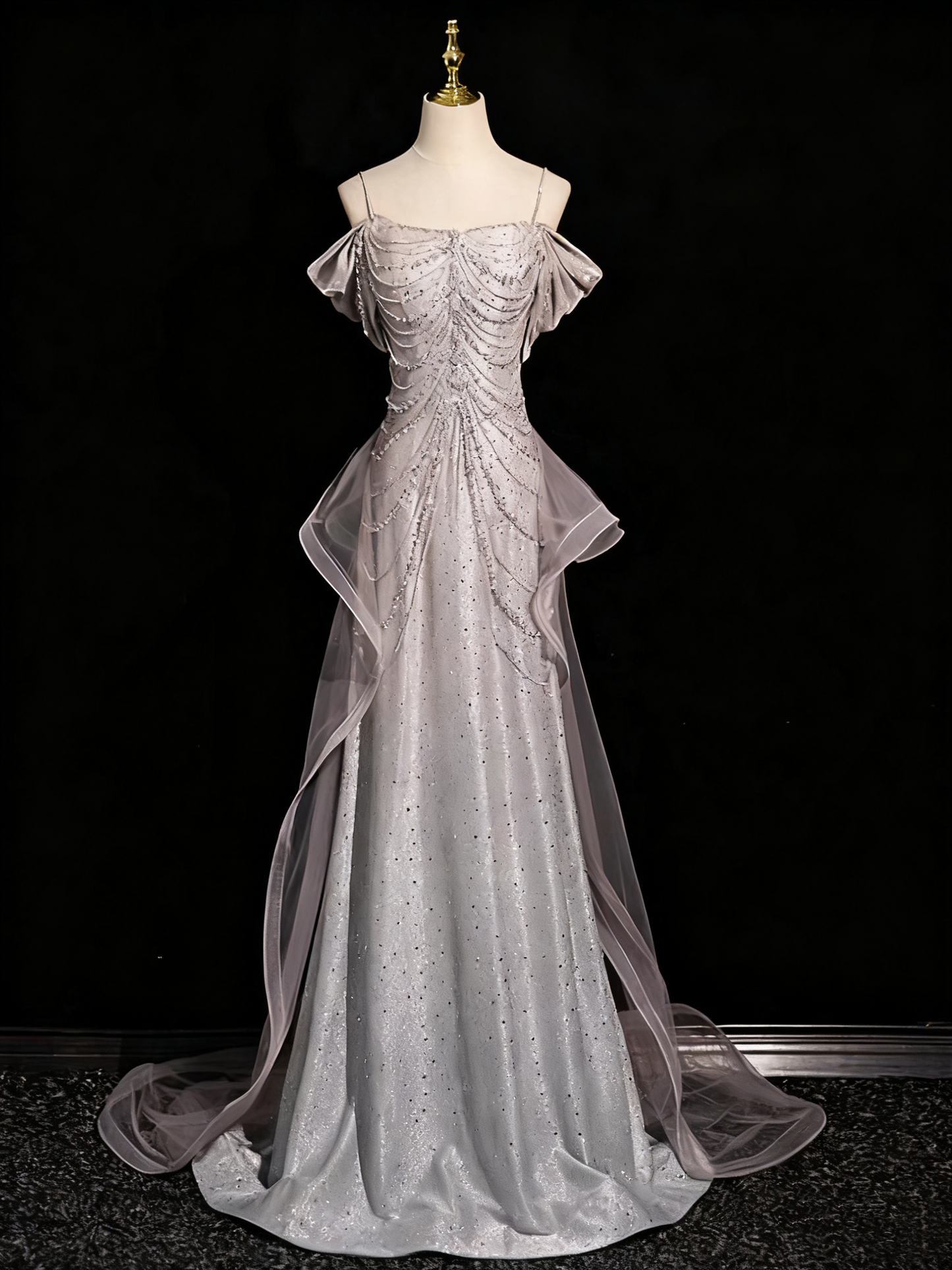 Shiny Prom Dress A Line Spaghetti Straps Tulle Birthday Party Outfits Evening Gown    D3312