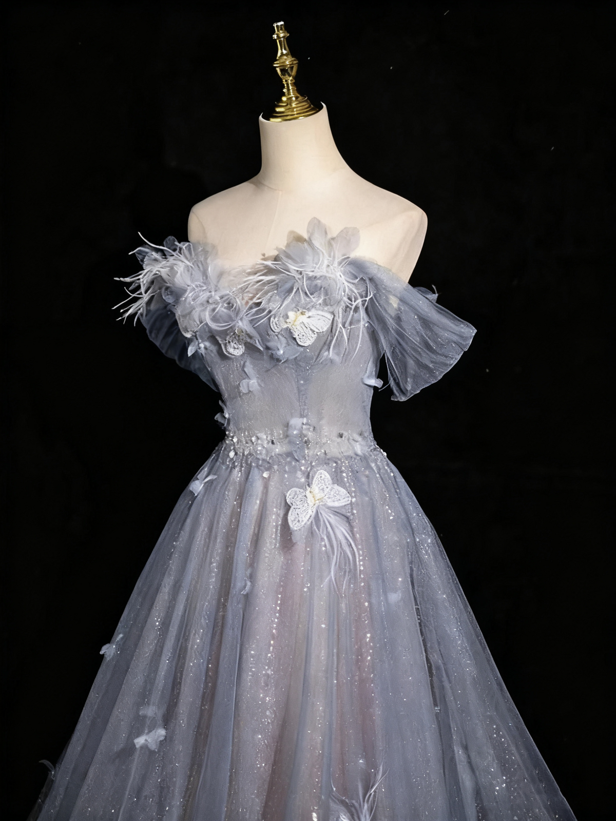 Shiny Prom Dress Off Shoulder Tulle Pleated Evening Gown Birthday Party Dress    D3318