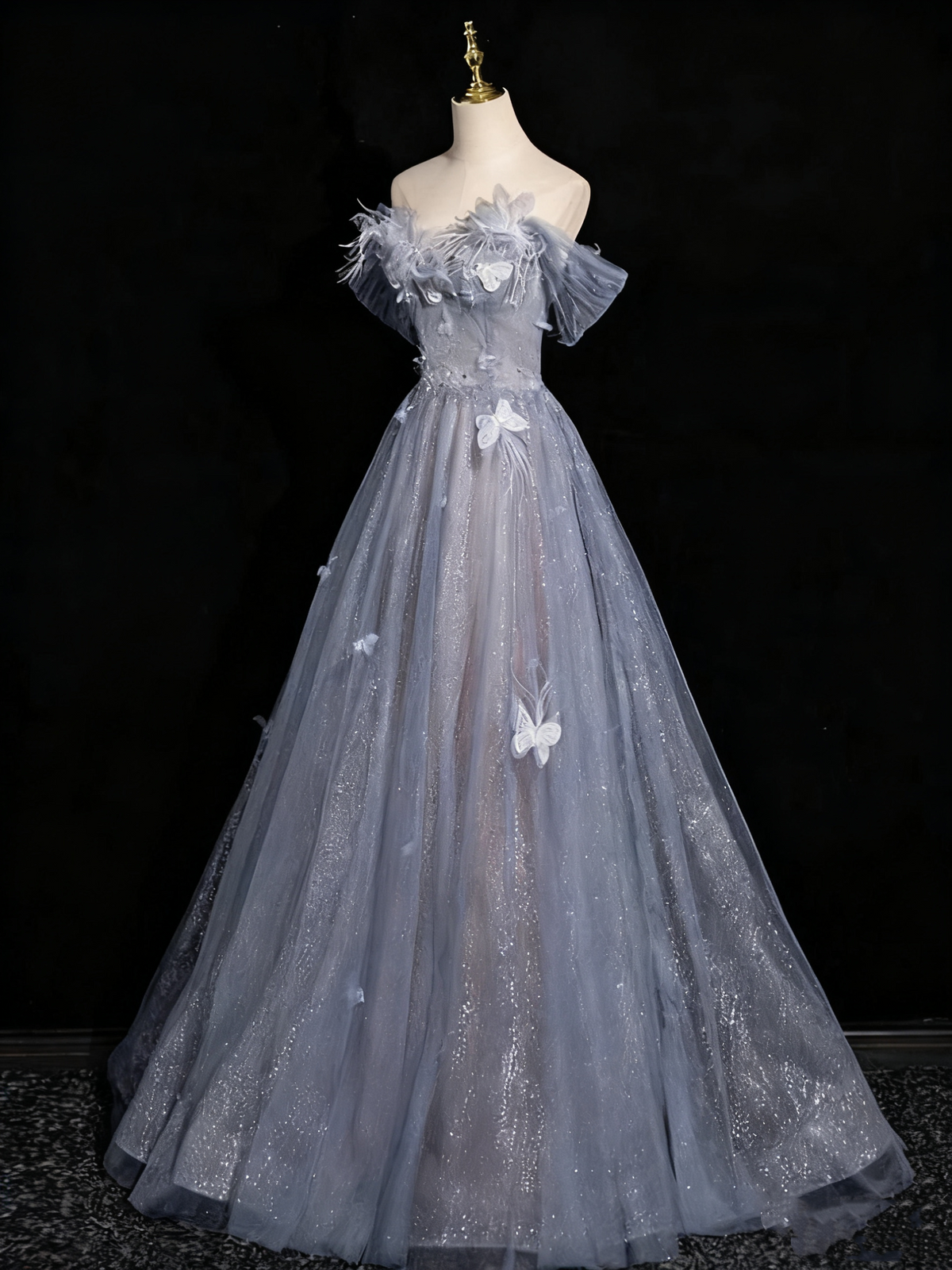 Shiny Prom Dress Off Shoulder Tulle Pleated Evening Gown Birthday Party Dress    D3318