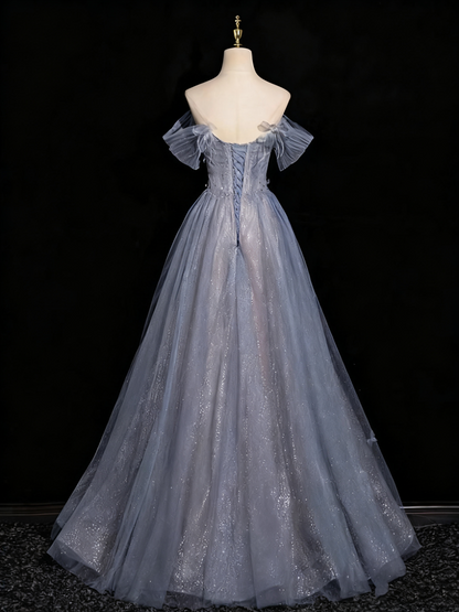Shiny Prom Dress Off Shoulder Tulle Pleated Evening Gown Birthday Party Dress    D3318
