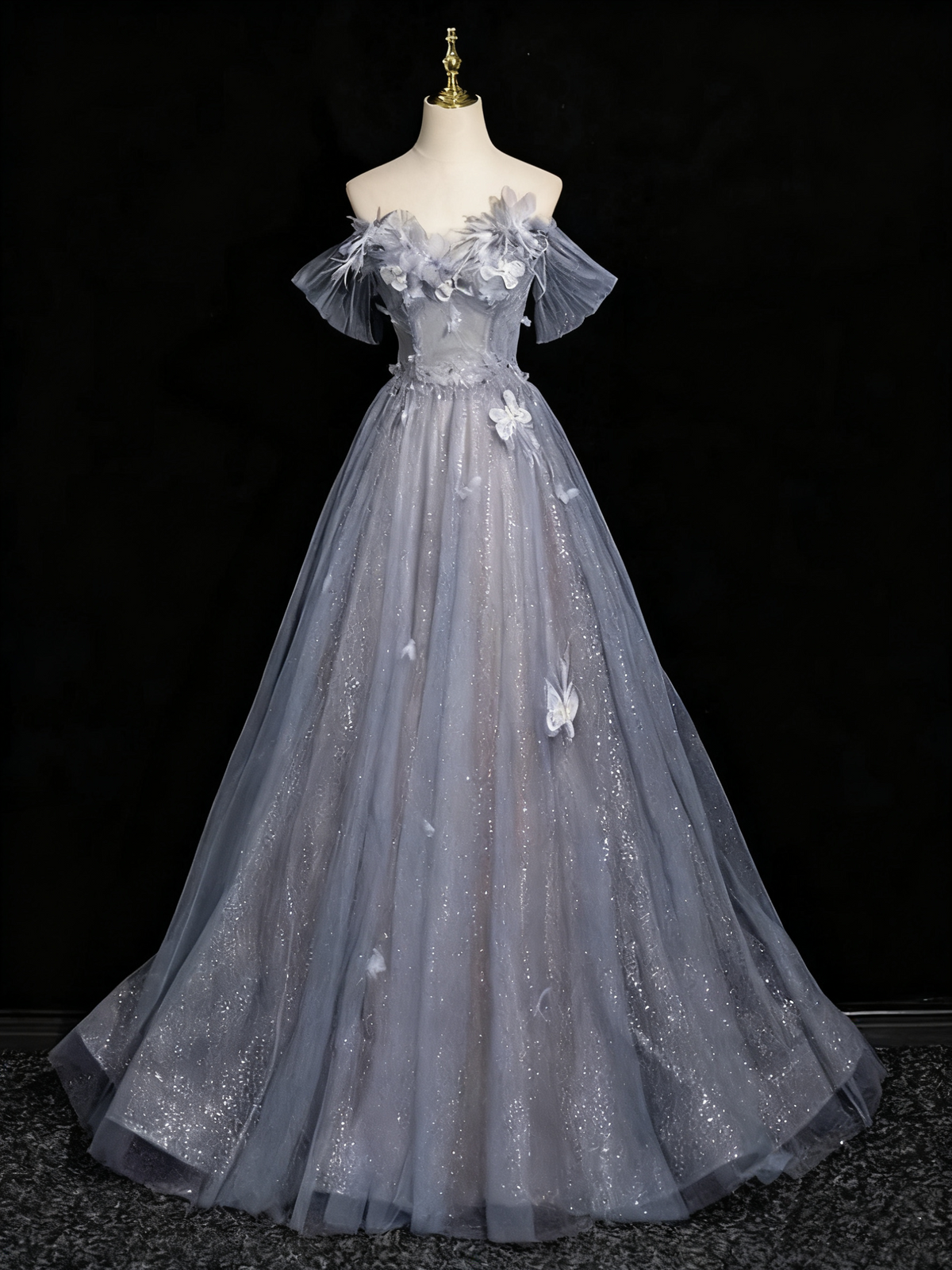 Shiny Prom Dress Off Shoulder Tulle Pleated Evening Gown Birthday Party Dress    D3318