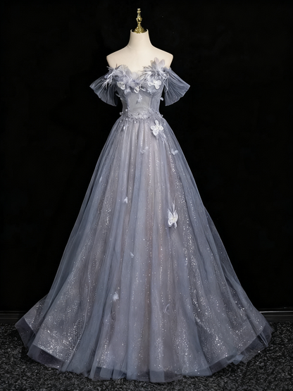 Shiny Prom Dress Off Shoulder Tulle Pleated Evening Gown Birthday Party Dress    D3318