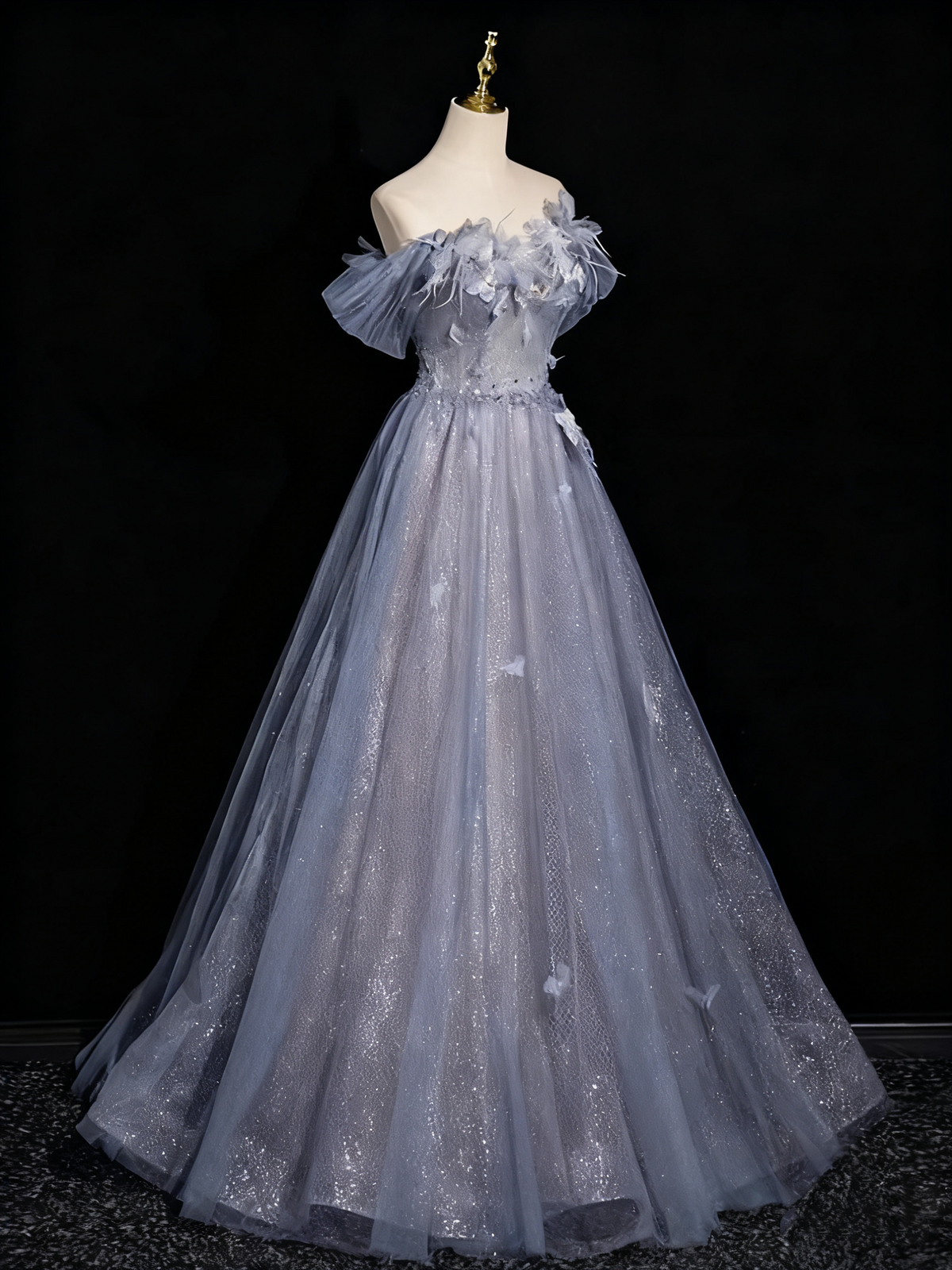 Shiny Prom Dress Off Shoulder Tulle Pleated Evening Gown Birthday Party Dress    D3318