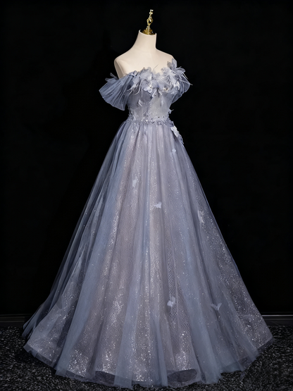 Shiny Prom Dress Off Shoulder Tulle Pleated Evening Gown Birthday Party Dress    D3318