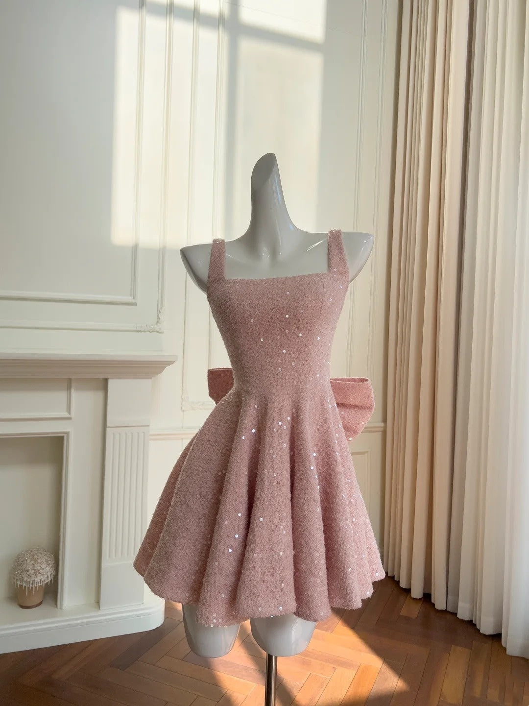 Shiny Homecoming Dress Pink A Line Square Neck Short Prom Dress Birthday Party Outfits Cocktail Dress   D3331