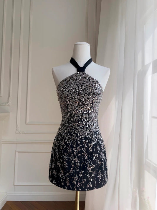 Shiny Homecoming Dress Black A Line Halter Short Prom Dress Birthday Party Outfits Cocktail Dress    D3337
