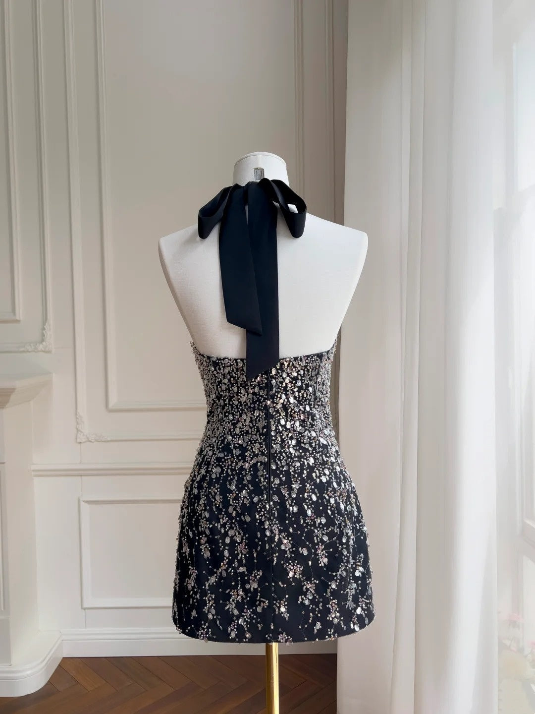 Shiny Homecoming Dress Black A Line Halter Short Prom Dress Birthday Party Outfits Cocktail Dress    D3337