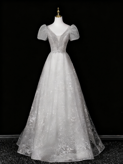 Shiny Prom Dress A Line V-neck Tulle Evening Dress Quinceanera Dress       D3371