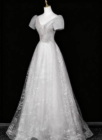 Shiny Prom Dress A Line V-neck Tulle Evening Dress Quinceanera Dress       D3371