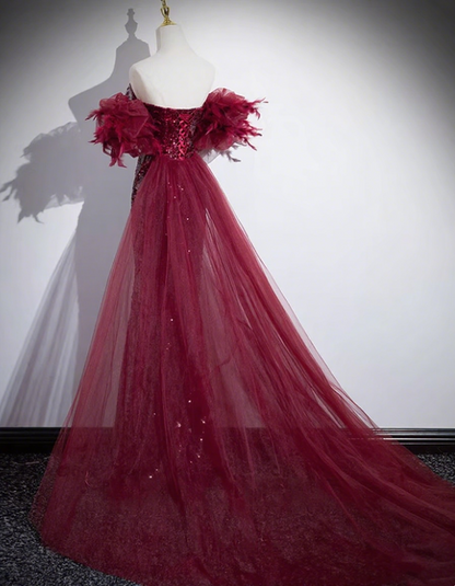 Shiny Prom Dress Wine Red A Line Sweetheart Pleated Mermaid Evening Dress Birthday Party Dress         D3373