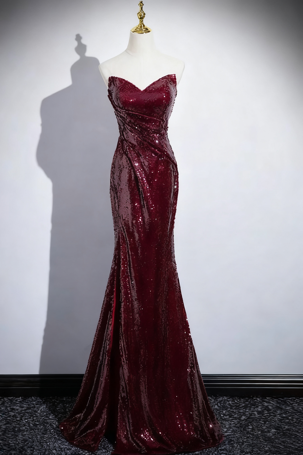 Shiny Prom Dress Wine Red A Line Sweetheart Pleated Mermaid Evening Dress Birthday Party Dress         D3373