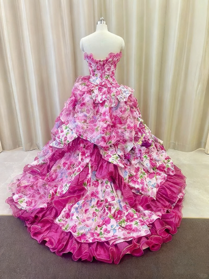 Pretty Prom Dress Strapless Print Ruffle Quinceanera Dress Evening Dress Ball Gown    D3379