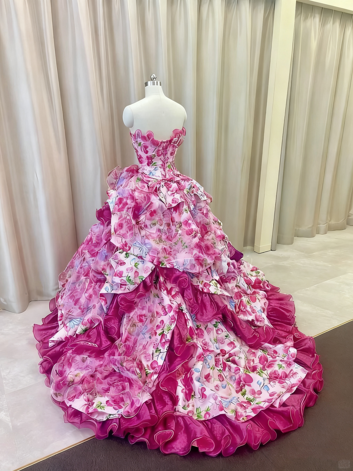 Pretty Prom Dress Strapless Print Ruffle Quinceanera Dress Evening Dress Ball Gown    D3379