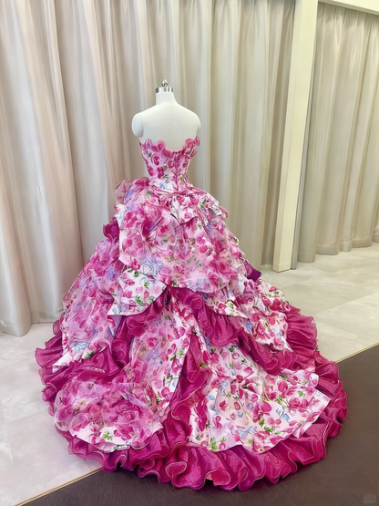 Pretty Prom Dress Strapless Print Ruffle Quinceanera Dress Evening Dress Ball Gown    D3379