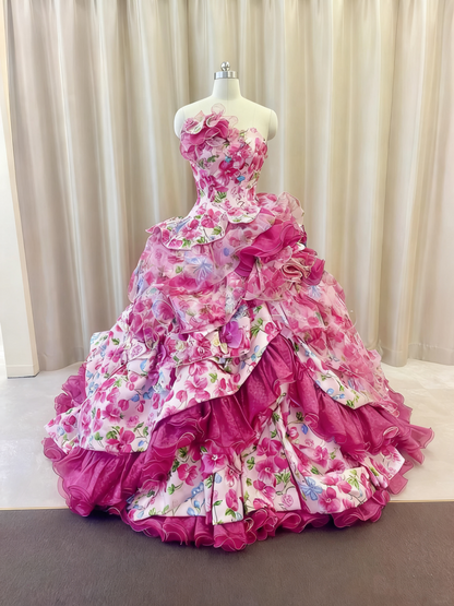 Pretty Prom Dress Strapless Print Ruffle Quinceanera Dress Evening Dress Ball Gown    D3379
