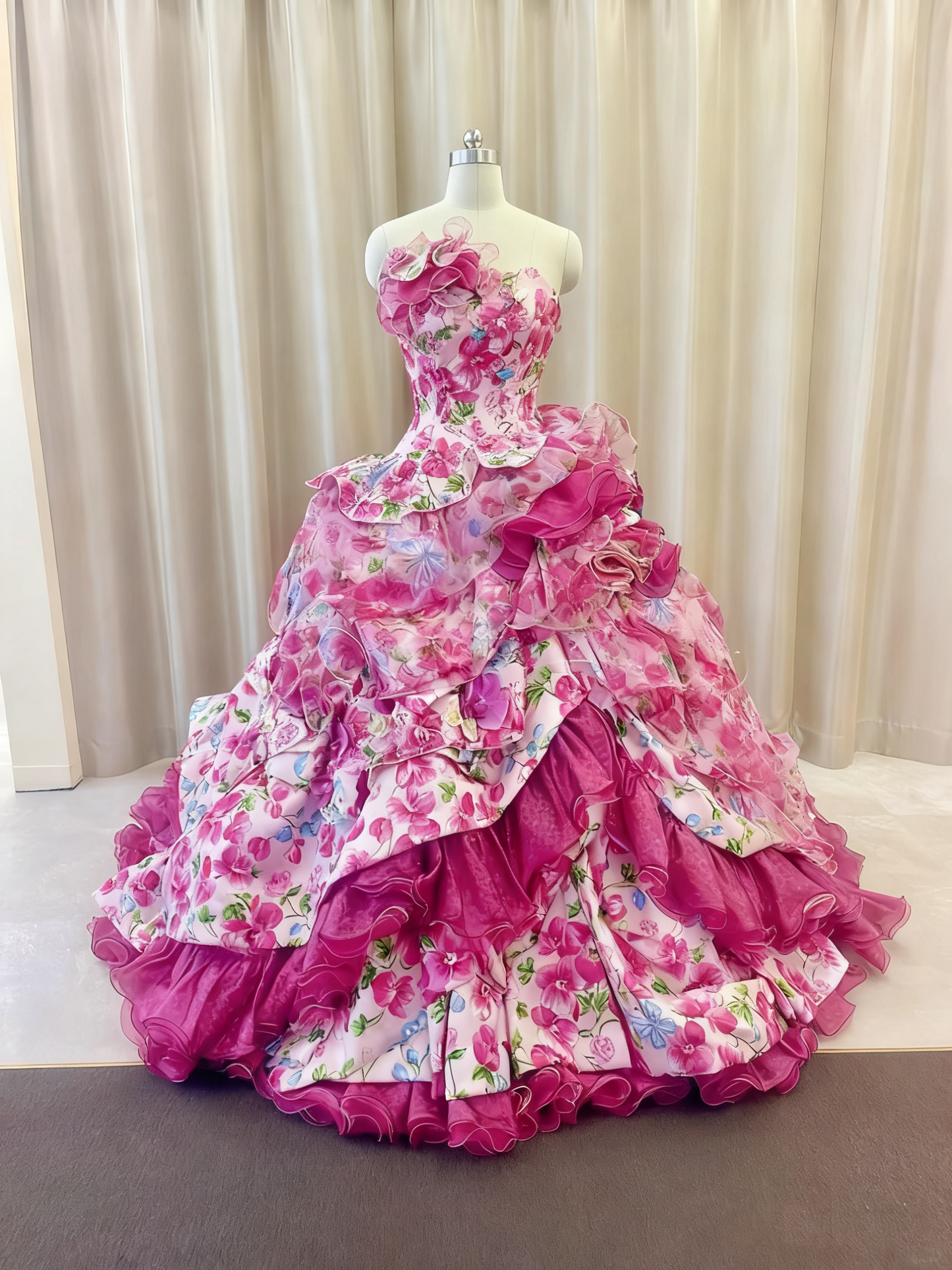 Pretty Prom Dress Strapless Print Ruffle Quinceanera Dress Evening Dress Ball Gown    D3379
