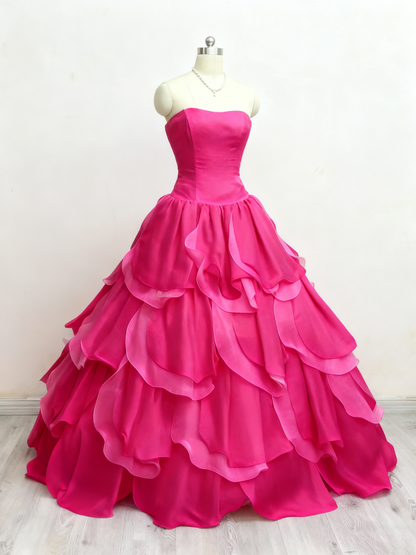 Charming Prom Dress Hot Pink Strapless Tiered Quinceanera Dress Evening Dress Ball Gown       D3383
