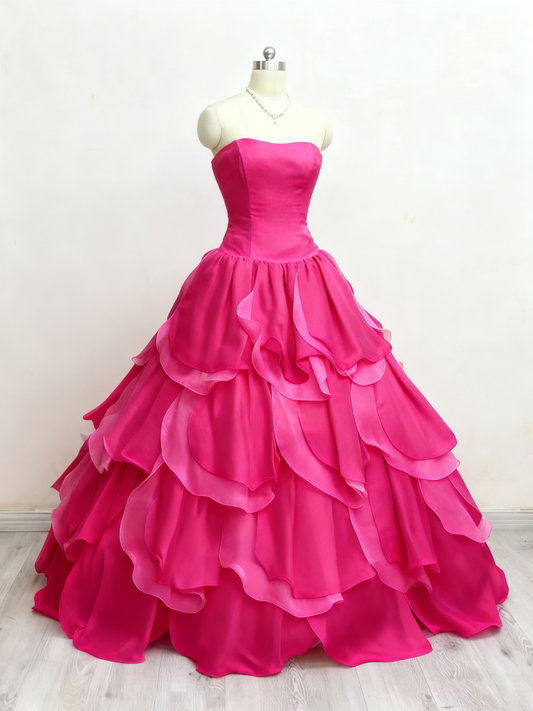 Charming Prom Dress Hot Pink Strapless Tiered Quinceanera Dress Evening Dress Ball Gown       D3383