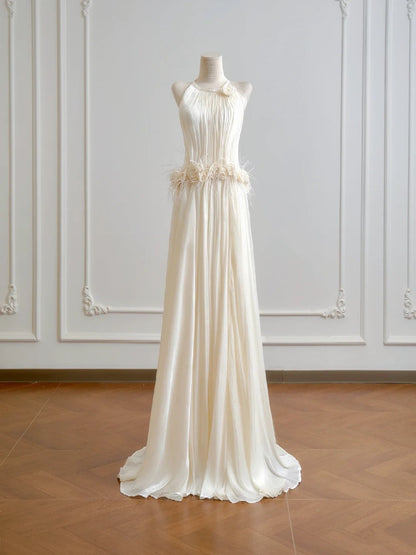 Charming Wedding Dress A Line Crew Neck Pleated Wedding Dress D3387