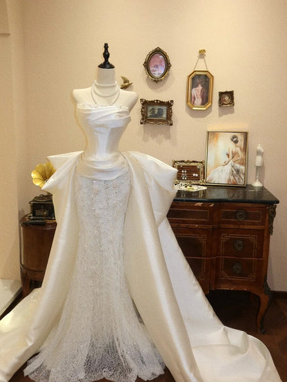 Shiny Wedding Dress Strapless Pleated Mermaid Wedding Dress D3400