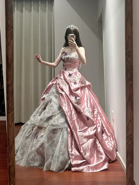 Pretty Prom Dress Strapless Pleated Tulle Ball Gown Birthday Party Dress D3441
