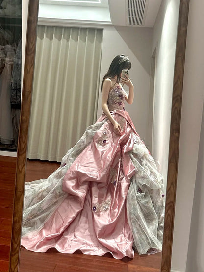 Pretty Prom Dress Strapless Pleated Tulle Ball Gown Birthday Party Dress D3441
