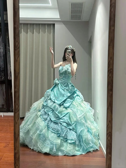 Sweet Prom Dress Strapless Tiered Pleated Ball Gown Quinceanera Dress   D3453