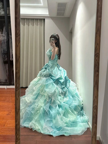 Sweet Prom Dress Strapless Tiered Pleated Ball Gown Quinceanera Dress   D3453