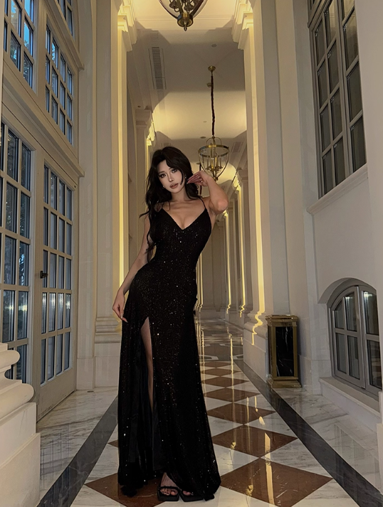 Shiny Prom Dress Black Spaghetti Straps Long Prom Dress Party Dress Cocktail Dress D3456