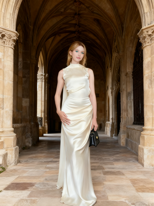 Charming Prom Dress High Collar Backless Pleated Long Evening Dress Gala Dress  D3466