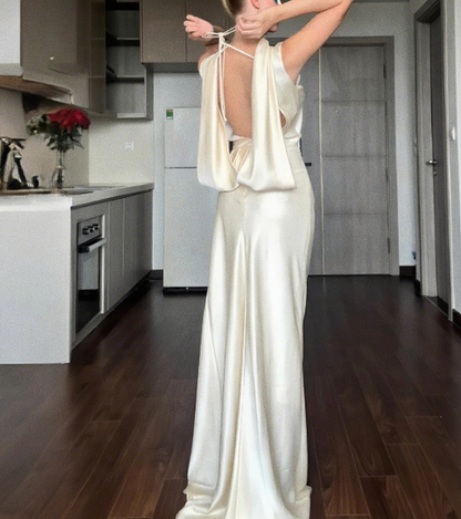 Charming Prom Dress High Collar Backless Pleated Long Evening Dress Gala Dress  D3466