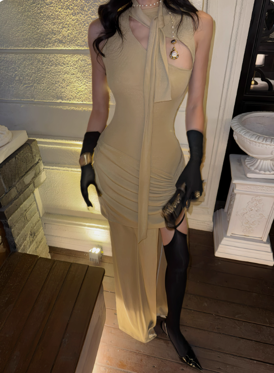 Sexy Prom Dress High Collar Slit Pleated Long Evening Dress Birthday Party Dress  D3467