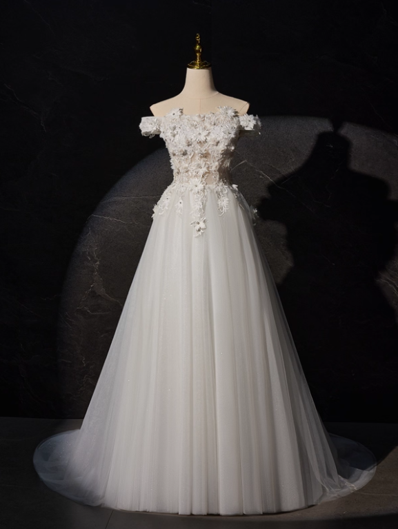 New Arrival Wedding Dress Off Shoulder Flower Tulle Wedding Dress       D3476