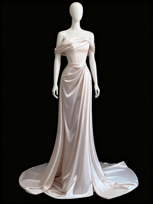 Minimalist Wedding Dress Off Shoulder Pleated Wedding Dress  D3507