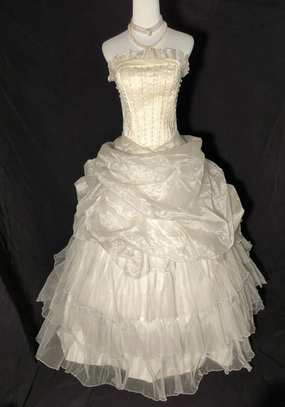 Retro Wedding Dress Strapless Ruffle Tulle Pleated Wedding Dress D3521