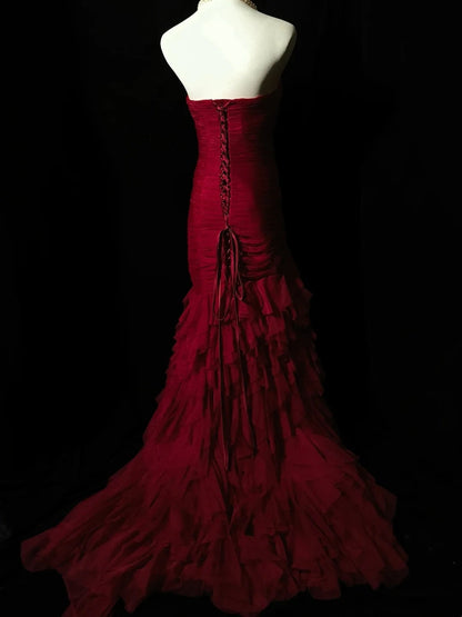 Elegant Prom Dress Wine Red Sweetheart Pleated Mermaid Birthday Party Dress Evening Dress     D3554