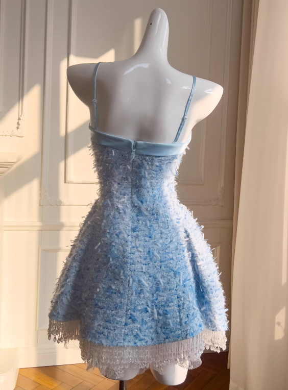 Popular Homecoming Dress A Line Spaghetti Straps Tassel Short Prom Dress Birthday Party Outfits     D3563