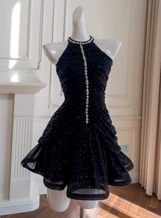 Shiny Homecoming Dress Black Crew Neck Pleated Short Prom Dress Birthday Party Outfits      D3567