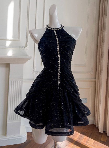 Shiny Homecoming Dress Black Crew Neck Pleated Short Prom Dress Birthday Party Outfits      D3567