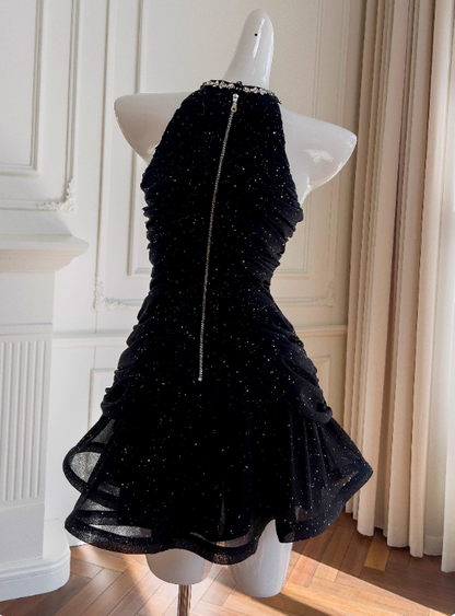 Shiny Homecoming Dress Black Crew Neck Pleated Short Prom Dress Birthday Party Outfits      D3567