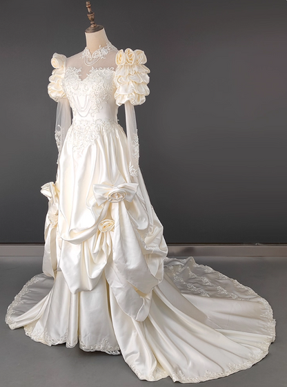 Retro Wedding Dress High Collar Pleated Flower Wedding Dress  D3595