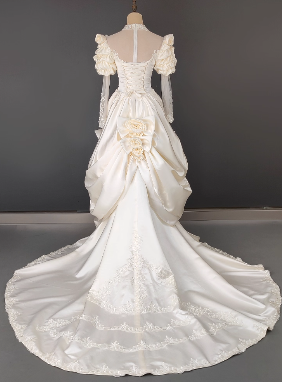 Retro Wedding Dress High Collar Pleated Flower Wedding Dress  D3595