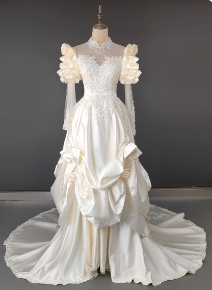 Retro Wedding Dress High Collar Pleated Flower Wedding Dress  D3595