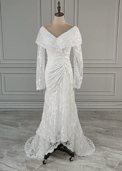 Retro Wedding Dress V-neck Pleated Lace Wedding Dress  D3596