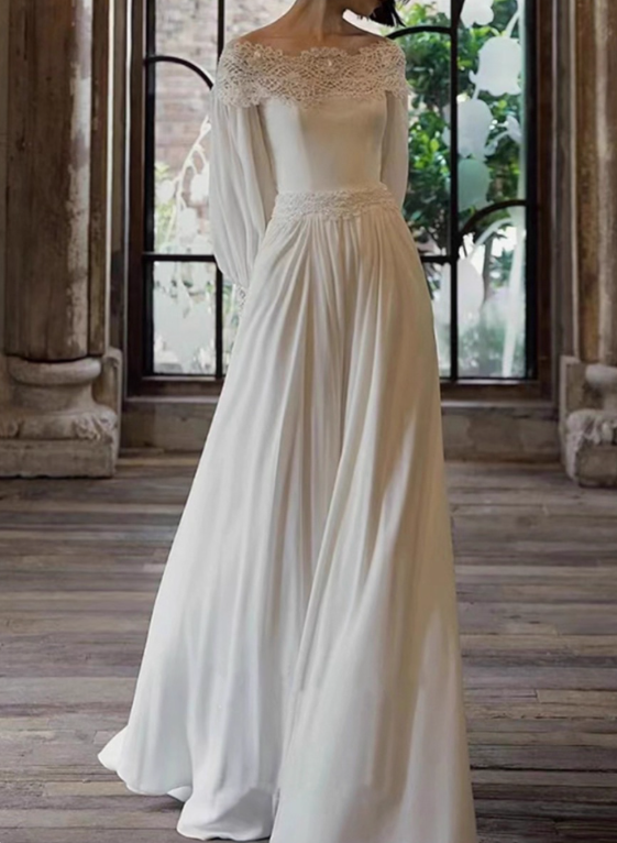 Retro Wedding Dress Off Shoulder Pleated Wedding Dress  D3597