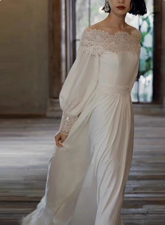 Retro Wedding Dress Off Shoulder Pleated Wedding Dress  D3597