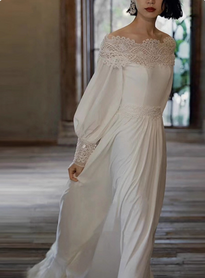 Retro Wedding Dress Off Shoulder Pleated Wedding Dress  D3597