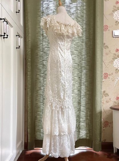Vintage Wedding Dress Crew Neck Lace Pleated Wedding Dress  D3600