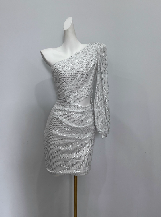 Shiny Homecoming Dress Asymmetrical Neck Short Prom Dress Birthday Party Dress Cocktail Dress       D3614